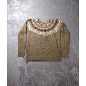 North Style Women's L Fair Isle Sweater Wool Alpeca Blend Fisherman Cozy Brown